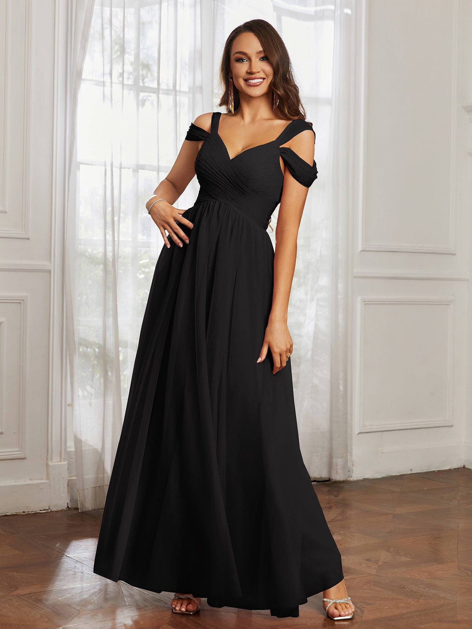 Off-the-shoulder Ruched Tulle A-line Dress Black